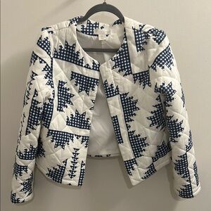 NWOT Caroline Constas White Quilted Jacket with Navy Geometric Print